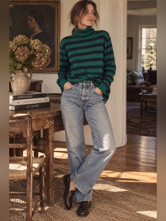 L.L. Bean Sweaters - L.L.Bean Women’s Cotton Cashmere Striped Turtleneck Sweater Green Navy M Preppy